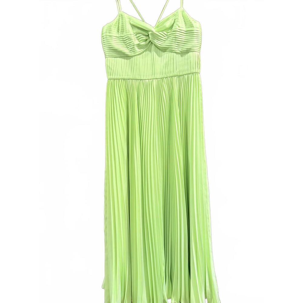 AMUR Krisley Pleated Satin Lime Green Midi Dress - Picture 5 of 12